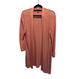 Chico's Size 2 Open Front Duster Cardigan Sweater Salmon Coral Knit Rayon Long